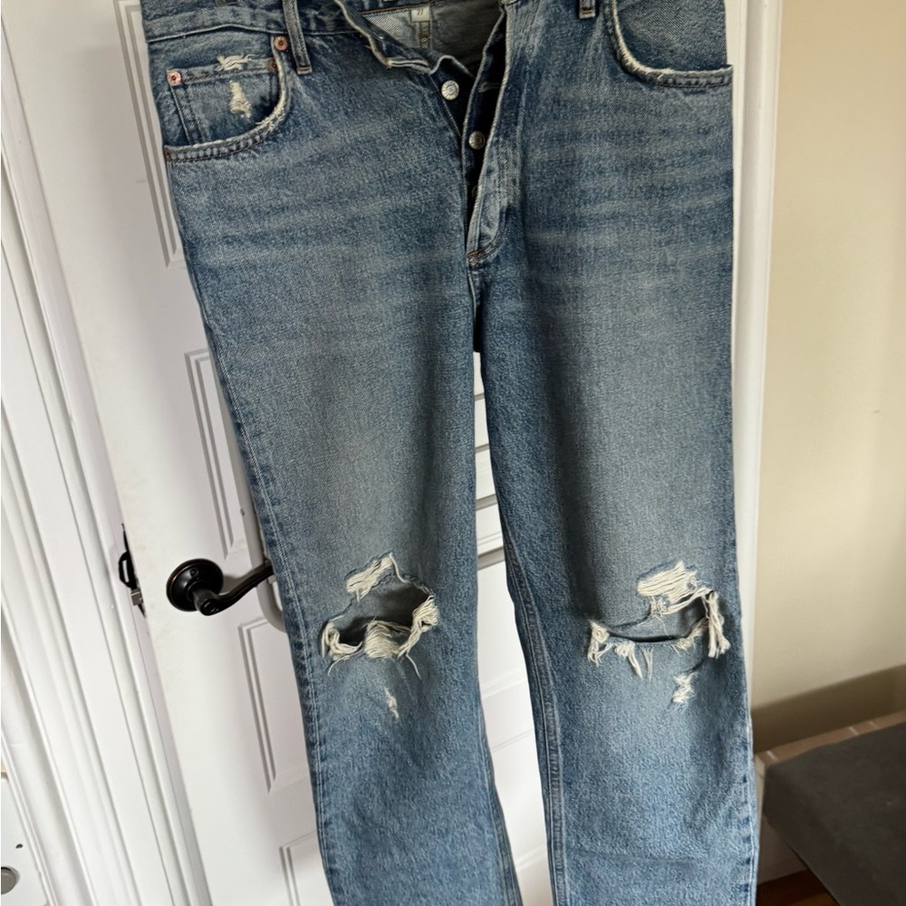 Agolde Women’s 90’s pinch waist Light Blue Distressed Jeans.